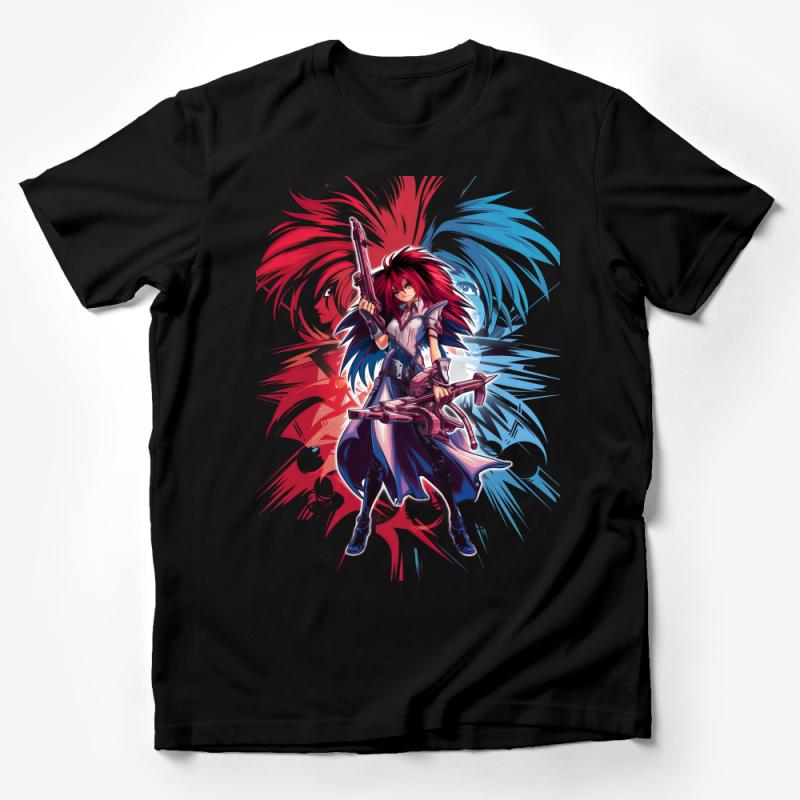 Anime Inspired Action T-Shirt, Red and Blue Vibrant Character Design, Unisex Manga Tee, Casual Wear, Graphic Shirt for Fans Male T-Shirt