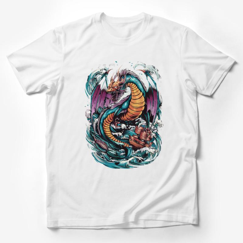 Mythical Dragon T-Shirt, Ocean Waves Graphic Tee, Fantasy Creature Art, Unisex Adult Clothing, Unique Illustration Shirt Design Male T-Shirt
