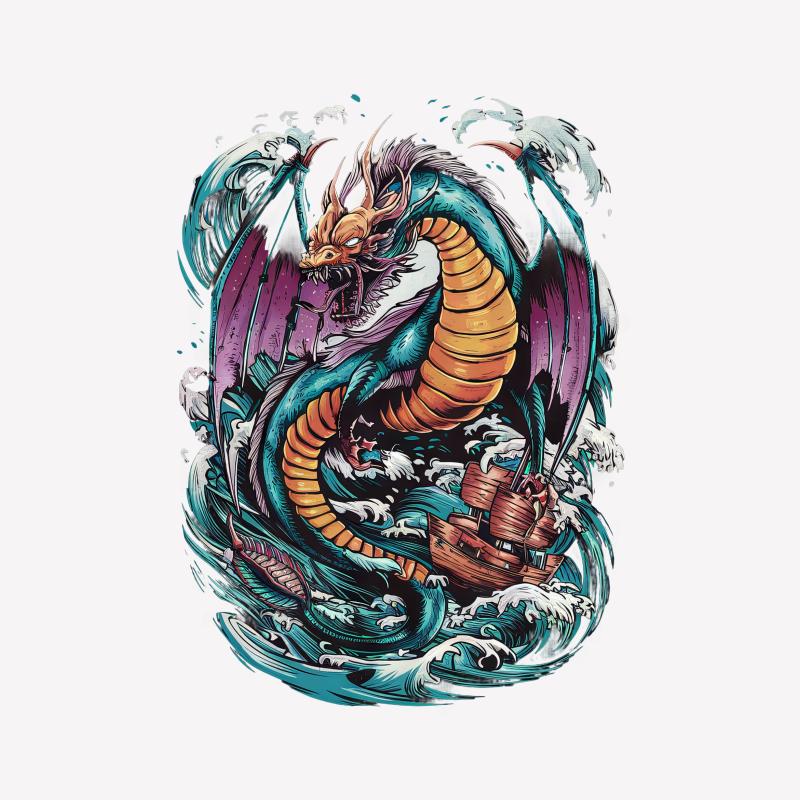 Mythical Dragon T-Shirt, Ocean Waves Graphic Tee, Fantasy Creature Art, Unisex Adult Clothing, Unique Illustration Shirt Design Male T-Shirt