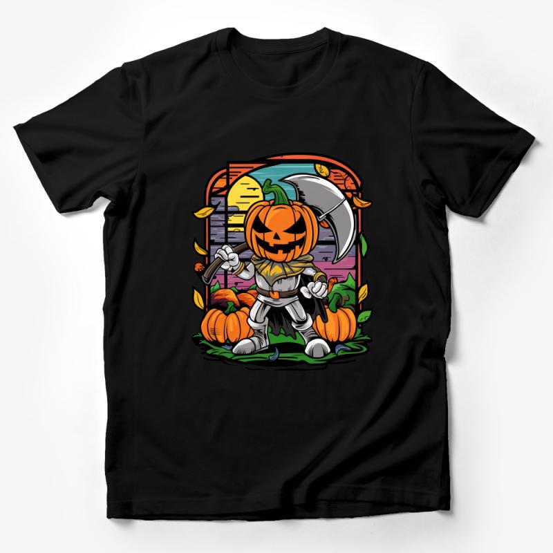 Pumpkin Reaper Graphic Tee, Halloween Sunset Scythe Design, Unisex Fall Harvest T-shirt, Spooky October Comfort Apparel, Gift Idea Male T-Shirt