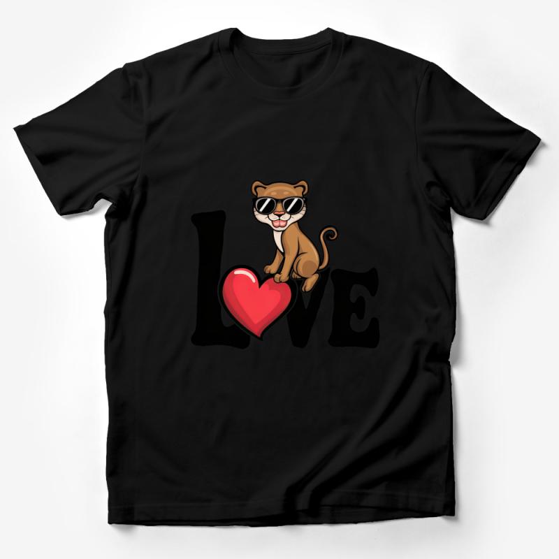 Cute Cat Love T-Shirt, Funny Cat with Sunglasses Heart Tee, Unisex Graphic Shirt, Casual Streetwear, Animal Lover Gift Male T-Shirt