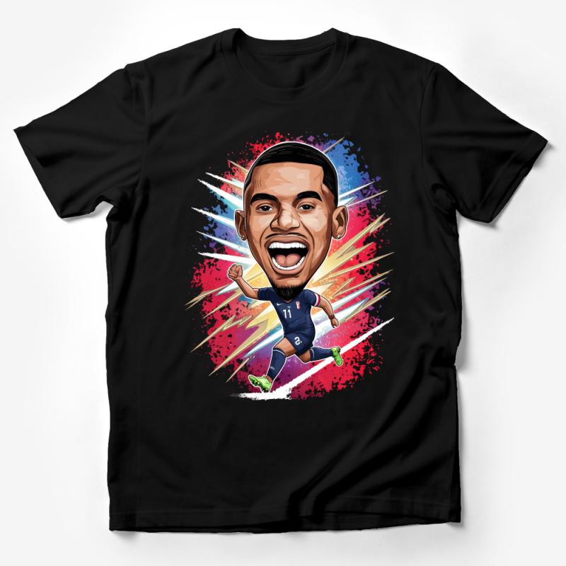 Colorful Soccer Player Victory Celebration Graphic Tee, Vibrant Sports T-Shirt Design Male T-Shirt