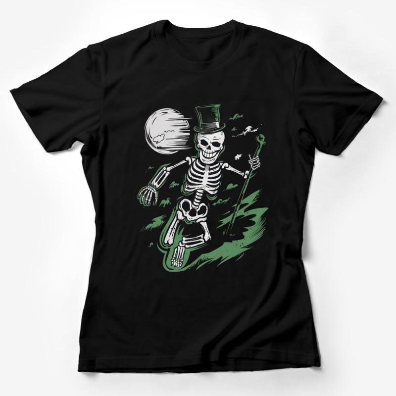 Whimsical Skeleton Magician T-Shirt, Funny Top Hat and Wand Bones Graphic Tee, Unique Spooky Apparel Female T-Shirt