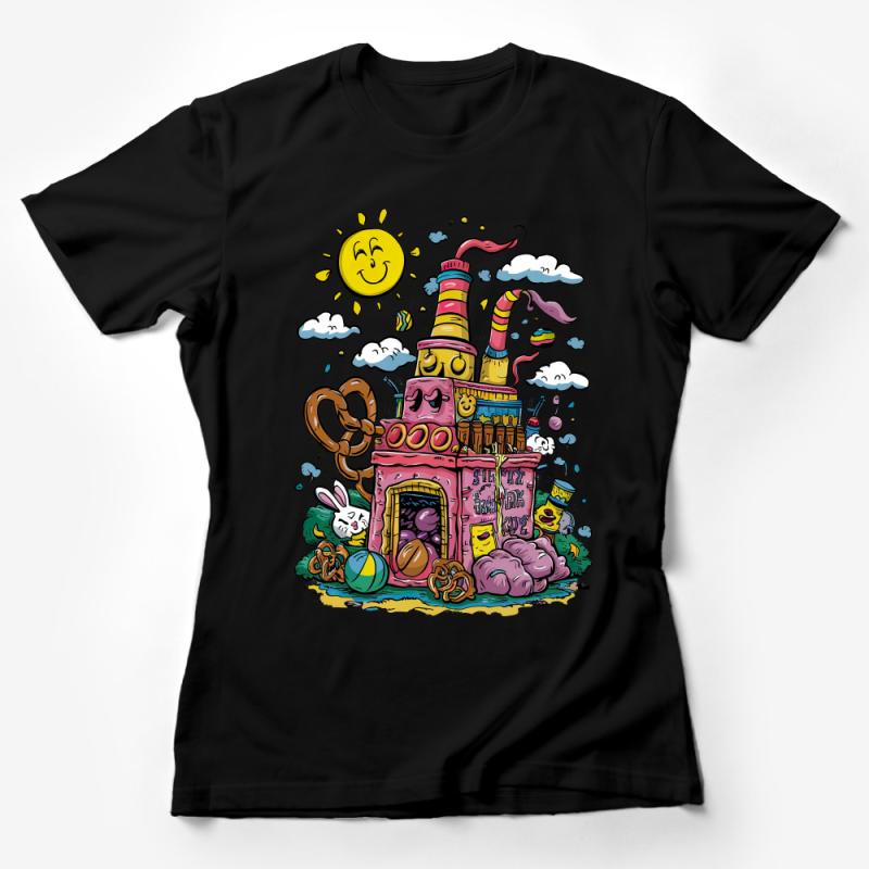 Vibrant Cartoon Factory T-Shirt, Colorful Whimsical Art Tee, Sunny Playful Graphic Shirt, Unique Illustration Apparel, Unisex Cotton Top Female T-Shirt