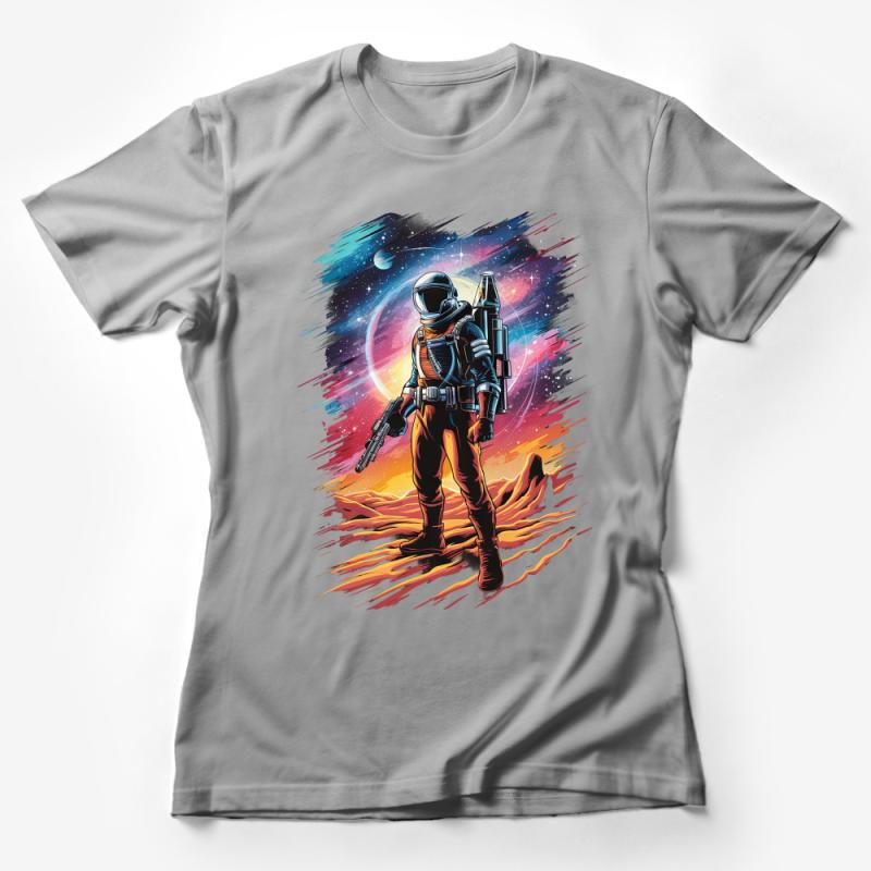 Space Explorer Graphic Tee, Astronaut with Rocket, Sci-Fi Art Shirt, Cosmic Adventure, Unisex T-Shirt for All Ages Female T-Shirt