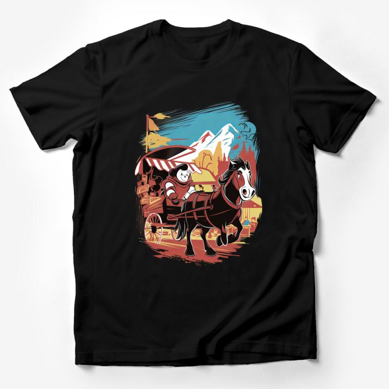 Vintage Horse Carriage T-Shirt, Mountain Landscape Graphic Tee, Unique Retro Travel Shirt, Unisex Adult Clothing Male T-Shirt