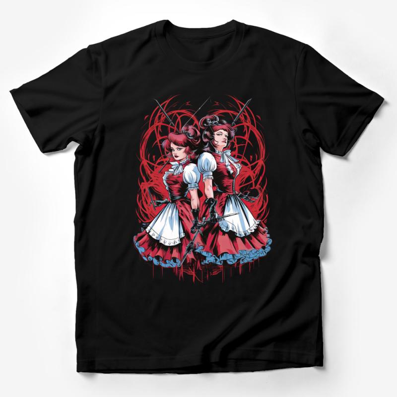 Gothic Victorian Twins T-Shirt, Alternative Fashion Top, Red and Black Illustration, Unisex Graphic Tee, Vintage Inspired Clothing Male T-Shirt