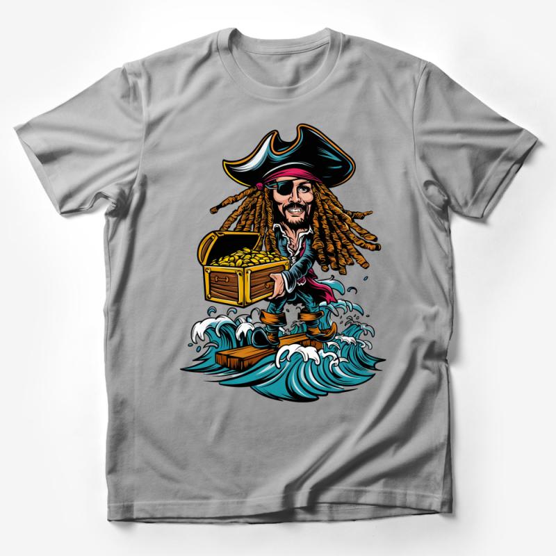 Pirate Captain Treasure Chest Graphic Tee, Ocean Waves Novelty T-Shirt, Unisex Pirate-Themed Apparel Male T-Shirt
