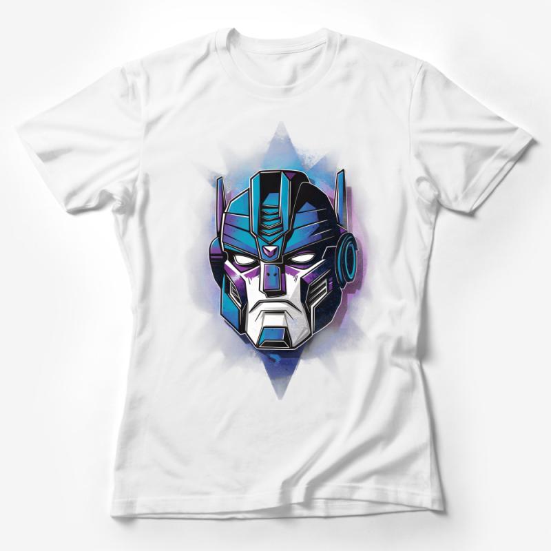 Unique Cosmic Robot Head Graphic T-Shirt, Colorful Sci-Fi Robot Face Apparel for Casual Wear Female T-Shirt