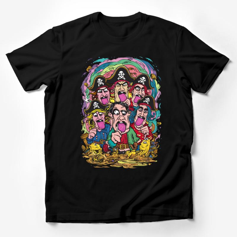 Colorful Pirate Crew Cartoon T-Shirt, Funny Pirate Illustration Tee, Whimsical Treasure Hunt Graphic, Unisex Male T-Shirt