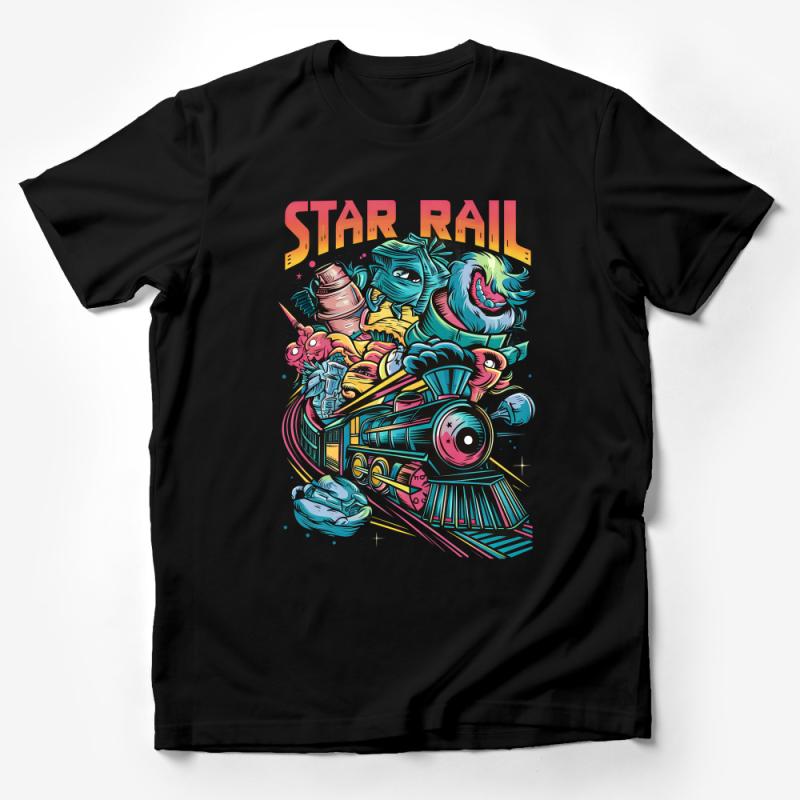 Retro Star Rail Train T-Shirt, Vintage Sci-Fi Inspired Space Locomotive Tee, Colorful Unisex Graphic Shirt Male T-Shirt