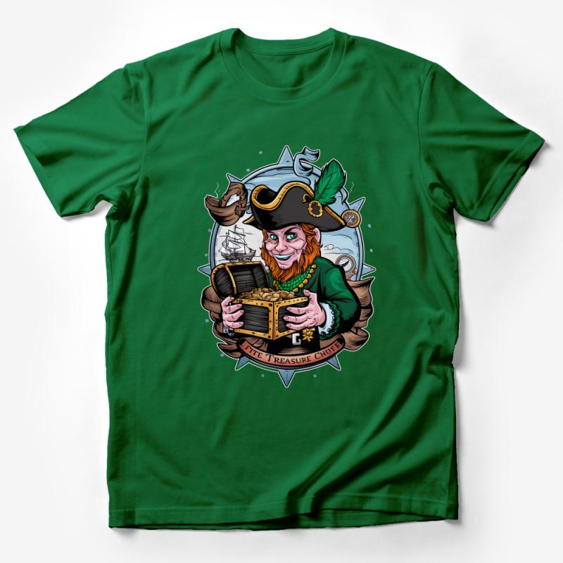 Pirate Leprechaun T-Shirt, Treasure Chest Gold, St. Patrick's Day Tee, Irish Folklore Clothing, Unique Graphic Print Shirt, Unisex Male T-Shirt