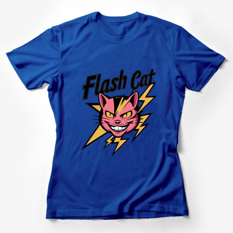 Flash Cat Cartoon T-Shirt, Bold Lightning Graphic Tee, Unisex Comic Style Shirt, Fun Feline Design Top, Casual Wear Female T-Shirt