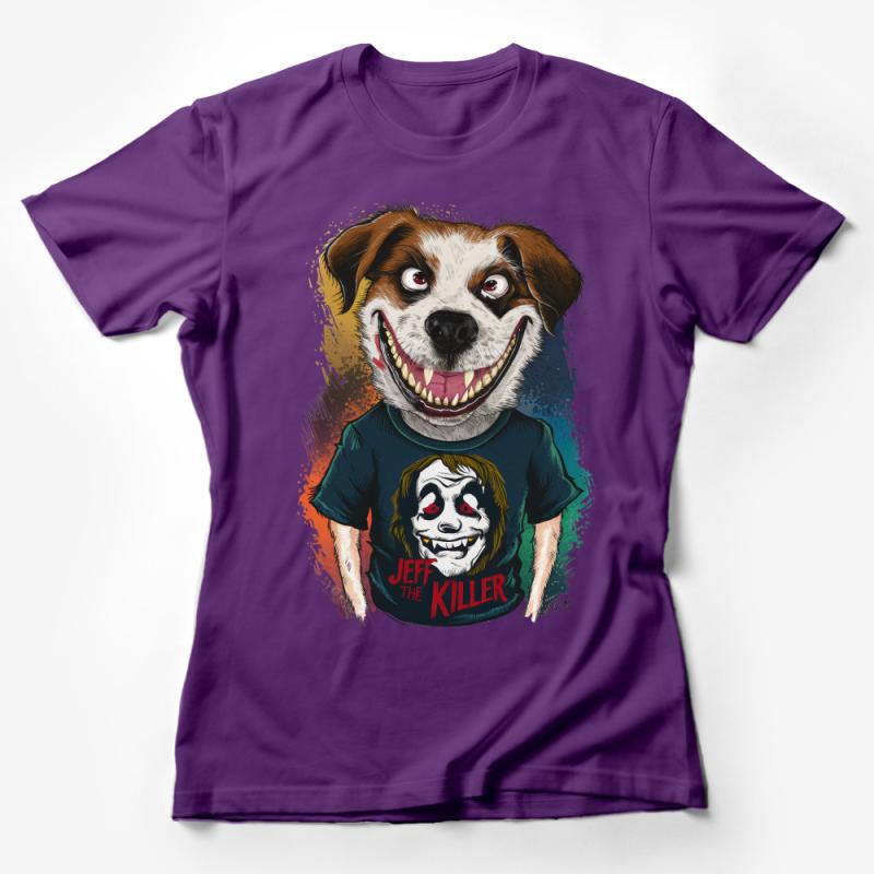 Unique Dog Graphic Tee, Colorful Canine Art T-Shirt, Jeff the Killer Inspired Design, Unisex Female T-Shirt
