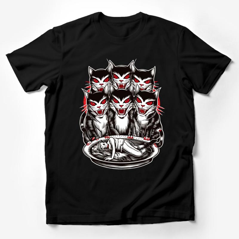 Gothic Cat Cult T-Shirt, Dark Art Feline Lovers Tee, Unisex Horror Cat Graphic Top, Alternative Clothing Unique Cat Illustration Shirt Male T-Shirt
