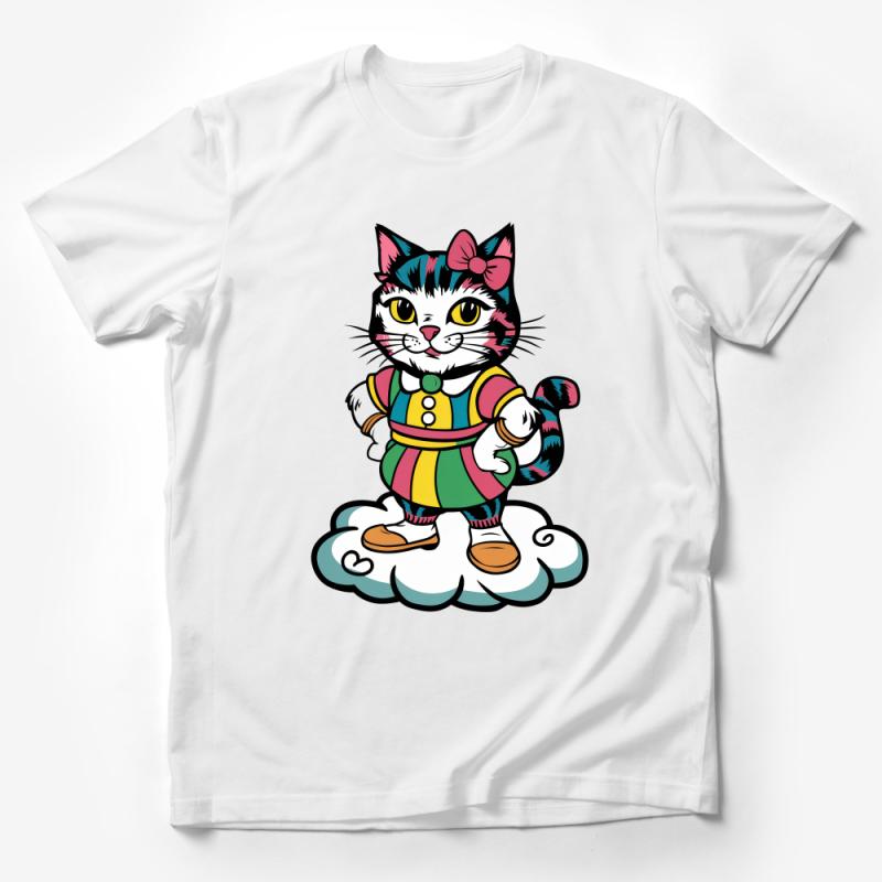 Whimsical Cat in Dress T-Shirt, Colorful Feline Cartoon Tee, Cute Cat Lover Gift, Unique Animal Graphic Shirt for All Ages Male T-Shirt