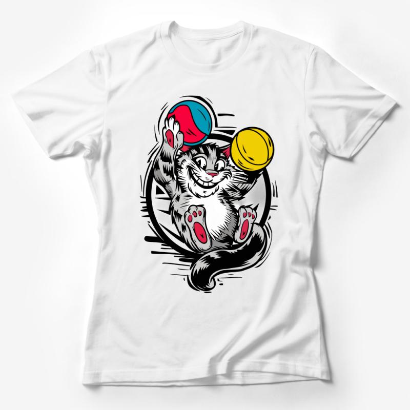 Playful Cat Graphic Tee, Colorful Balls of Yarn, Cute Feline Cartoon, Casual Unisex T-Shirt, Cat Lover Gift, Soft Cotton Shirt, All Sizes Female T-Shirt