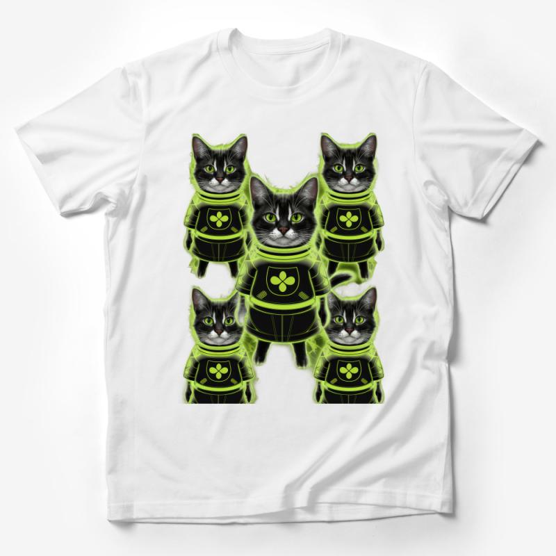 Sci-Fi Cat T-Shirt, Neon Green Cyber Kitty Graphic Tee, Unique Feline Lover Casual Apparel Male T-Shirt