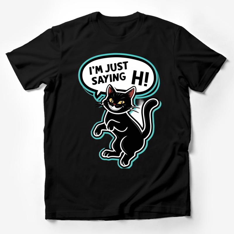 Black Cat Graphic T-Shirt, Funny Cartoon Cat Saying Hi, Cute Feline Casual Tee, Unisex Shirt for Cat Lovers, Retro Style Top Male T-Shirt