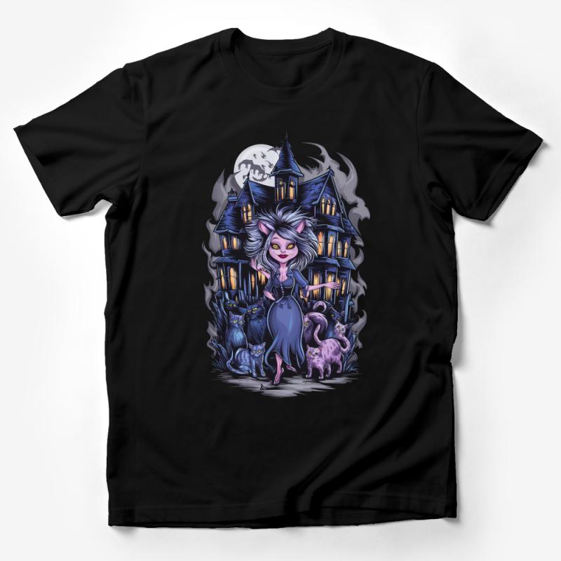 Gothic Cat Lady T-Shirt, Haunted Mansion Feline Art, Moonlit Witchy Cats Tee, Spooky Fantasy Clothing, Halloween Cat Lover Gift Top Male T-Shirt