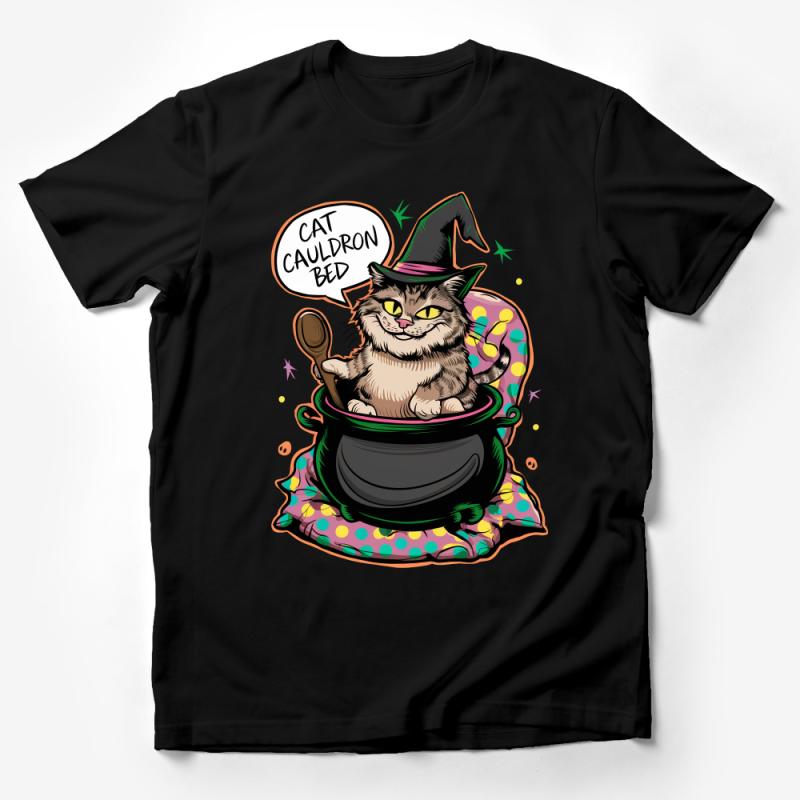 Witchy Cat in Cauldron Graphic Tee, Halloween Kitty T-Shirt, Unisex Magical Cat Lover Shirt, Cute Sorcerer Feline Apparel Male T-Shirt
