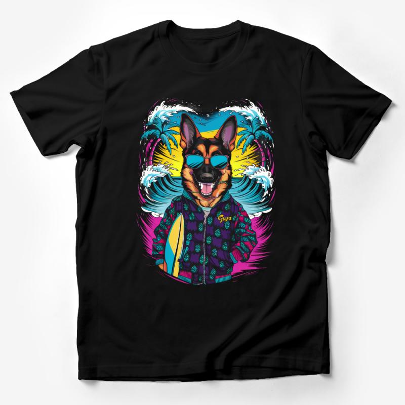 Surfing Dog T-Shirt, Cool Beach Canine with Surfboard, Summer Vibes Shirt, Unisex Graphic Tee, Colorful Pet Lover Gift, Trendy Top Male T-Shirt