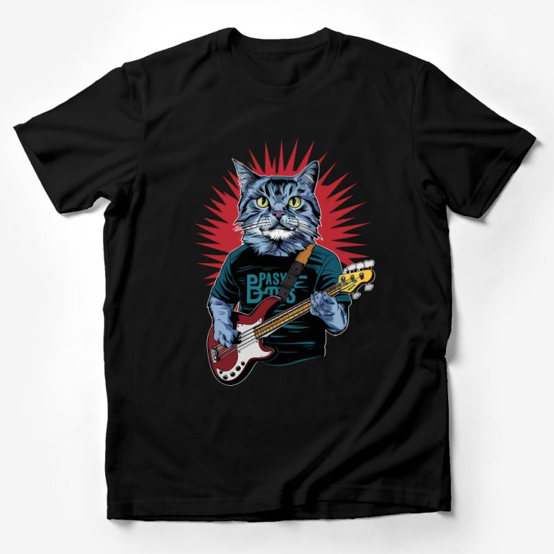Cool Cat Bass Player Graphic Tee, Funky Feline Musician T-Shirt, Punk Rock Pet Lover Gift Male T-Shirt