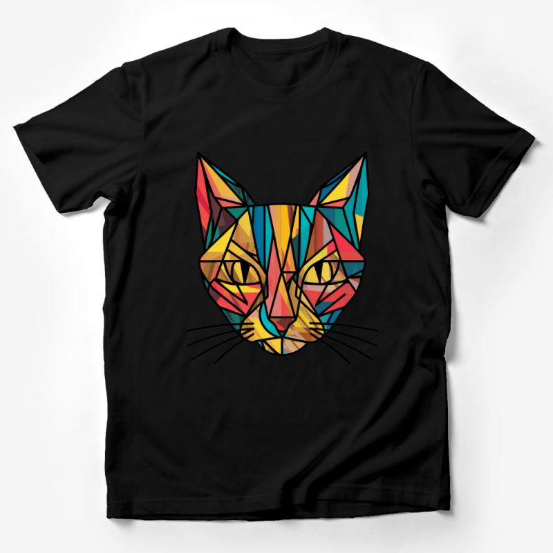 Colorful Geometric Cat Face T-Shirt, Artistic Abstract Animal Print Tee, Unisex Casual Graphic Shirt for Cat Lovers Male T-Shirt