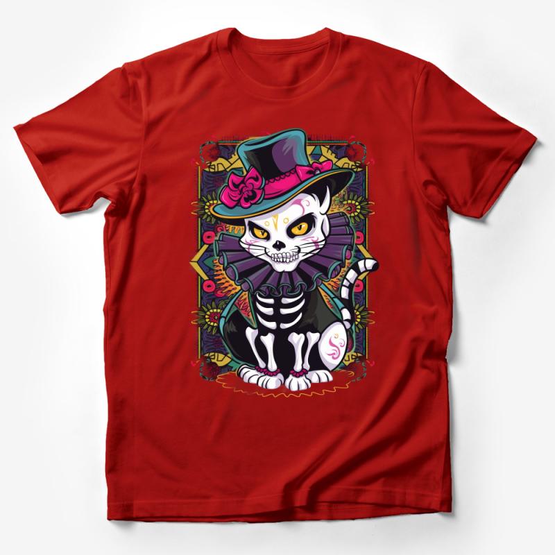Day of the Dead Cat T-Shirt, Skeleton Feline with Top Hat, Floral Cat Lover Tee, Unique Halloween Costume, Dia de Muertos Apparel Male T-Shirt