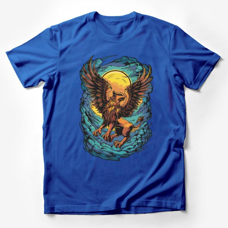 Mystical Griffin Graphic Tee, Mythical Creature Shirt, Fantasy Art T-Shirt, Sun and Clouds Illustration, Unisex Apparel, Unique Gift Idea Male T-Shirt