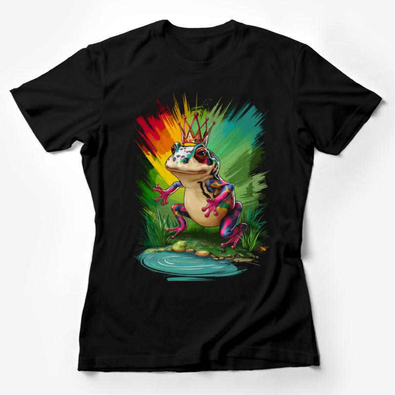 Colorful Crowned Frog T-Shirt, Whimsical Nature Inspired Tee, Unisex Artistic Amphibian Top Female T-Shirt
