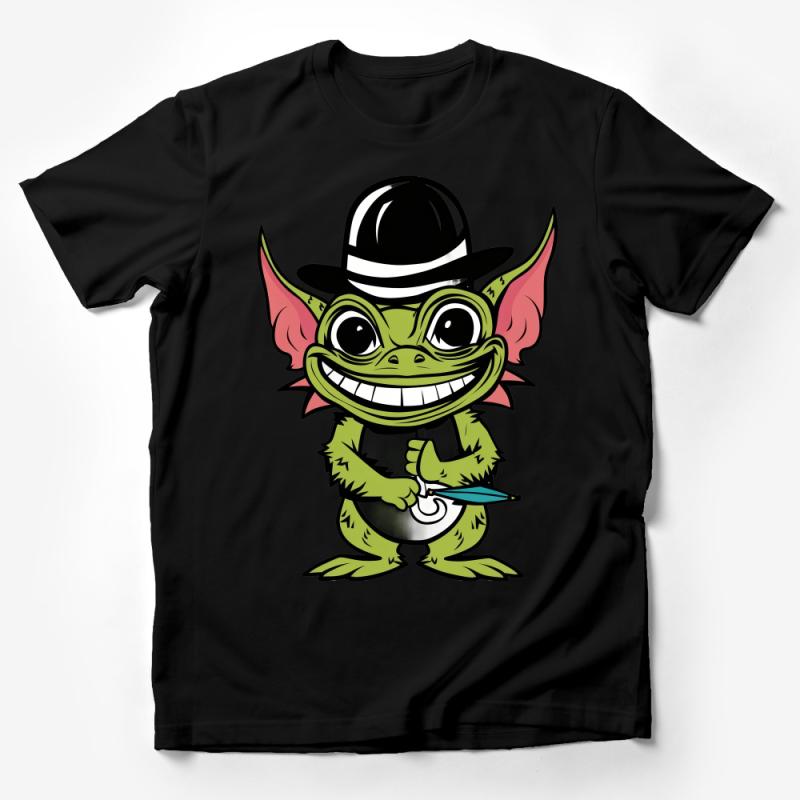 Funny Green Monster Cartoon Hat Graphic T-Shirt, Unisex Whimsical Creature Tee, Unique Casual Wear, Gift for Fantasy Lovers Male T-Shirt