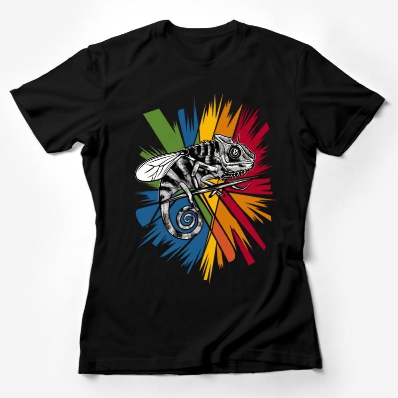 Colorful Chameleon T-Shirt, Abstract Reptile Art Tee, Unisex Graphic Shirt, Wildlife Lover Gift, Unique Animal Design, Nature Inspired Top Female T-Shirt