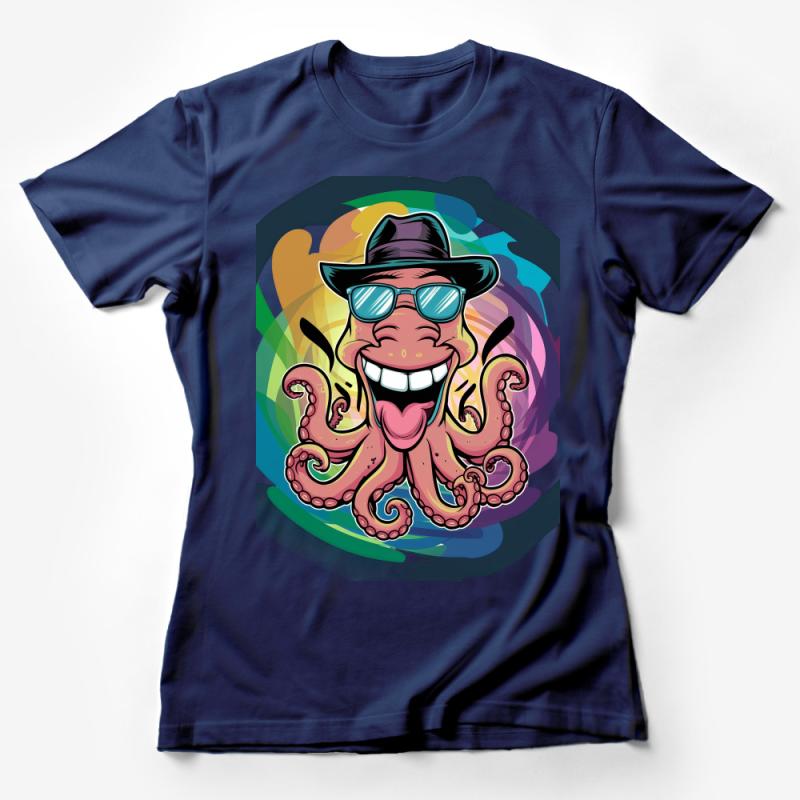 Funky Octopus with Hat and Sunglasses, Colorful Unisex T-Shirt, Cartoon Octopus Tee, Hipster Beachwear, Unique Graphic Shirt Design Female T-Shirt