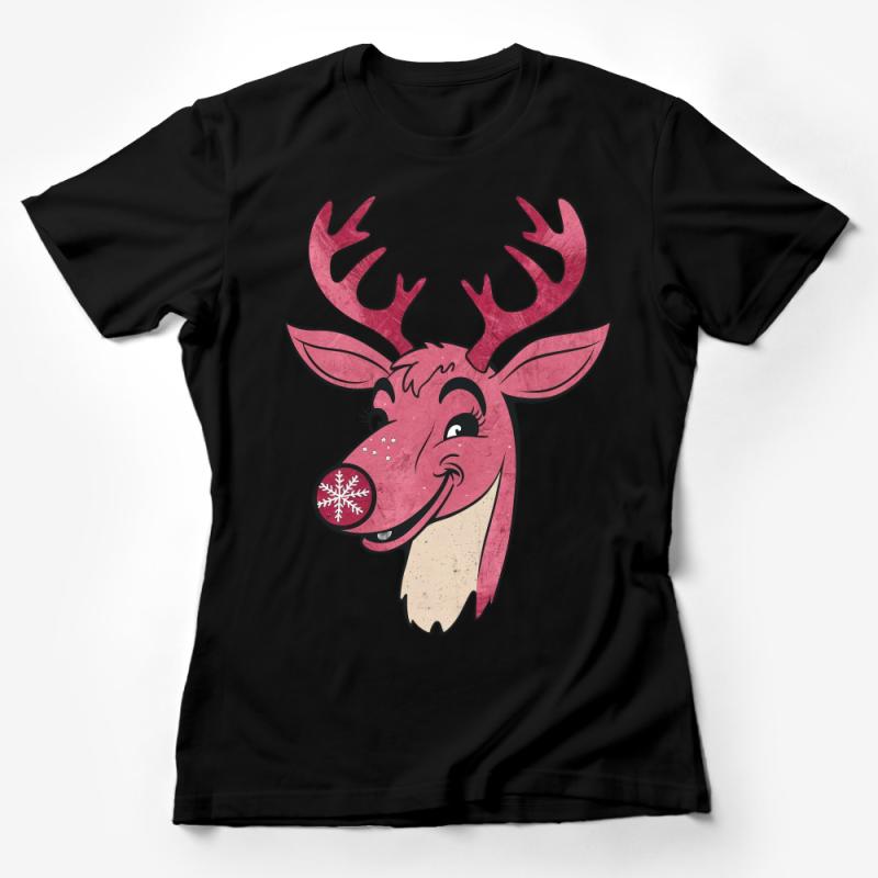 Whimsical Pink Reindeer with Snowflake Nose Christmas T-Shirt Design Female T-Shirt