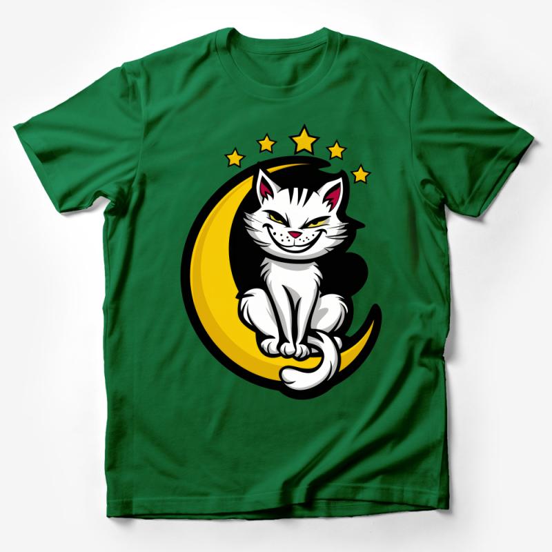 Charming Smiling Cat on Crescent Moon T-Shirt, Starry Night Cute Feline Tee for Cat Lovers Male T-Shirt