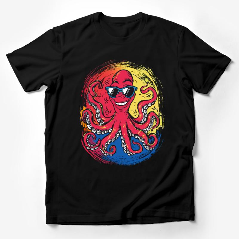 Cool Octopus with Sunglasses T-Shirt, Vibrant Red Yellow Graphic Tee, Unisex Fashionable Casual Wear Male T-Shirt