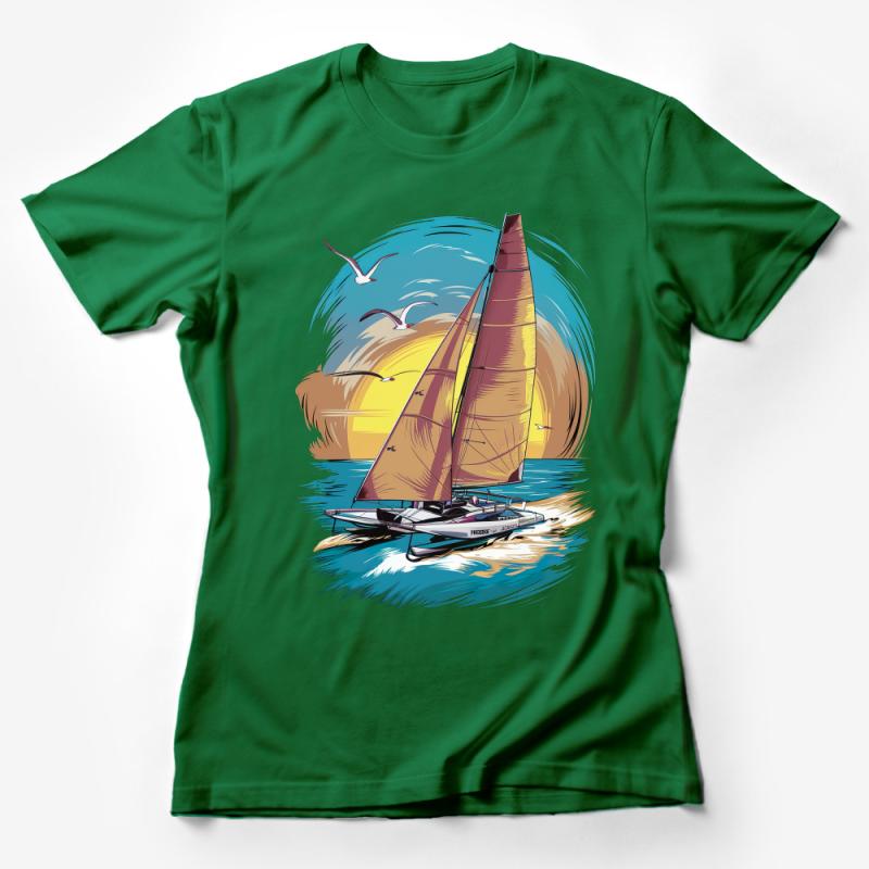 Nautical Sunset Sailing T-Shirt, Unisex Catamaran Graphic Tee, Beach Ocean Lover Shirt, Casual Summer Sail Apparel Female T-Shirt