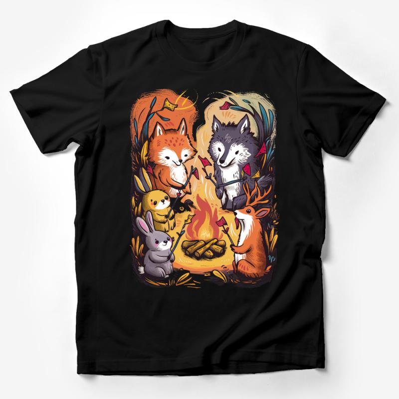 Woodland Animals Camping Party T-Shirt, Cute Forest Friends Bonfire Tee, Unisex Kids and Adult Sizes Male T-Shirt
