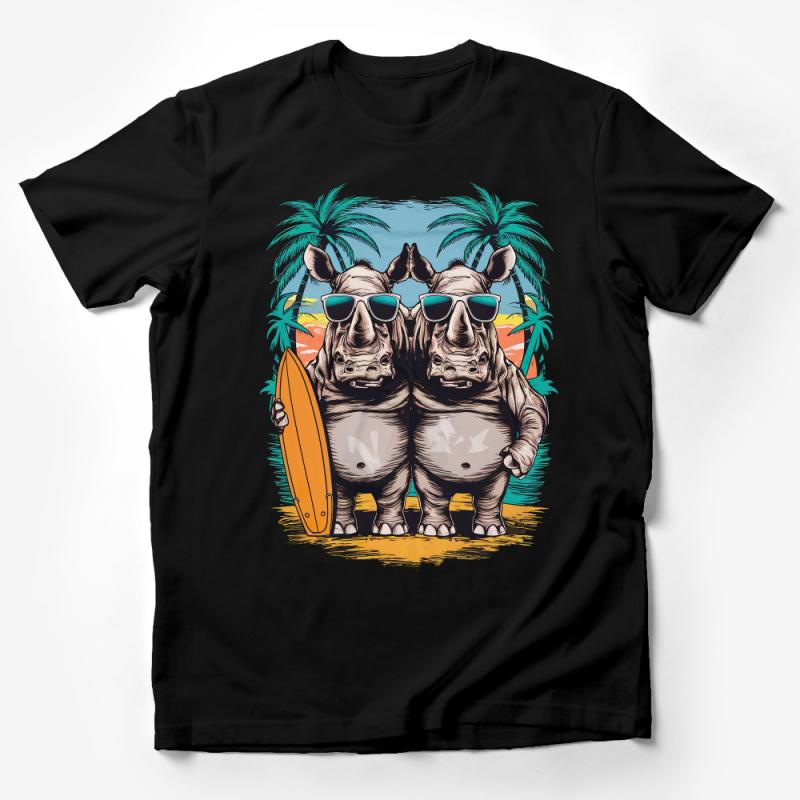 Hipster Hippos Beach Party T-Shirt, Funny Hippopotamus Surfing Tee, Tropical Vacation Shirt, Summer Surf Clothes, Unisex Graphic Tee Male T-Shirt