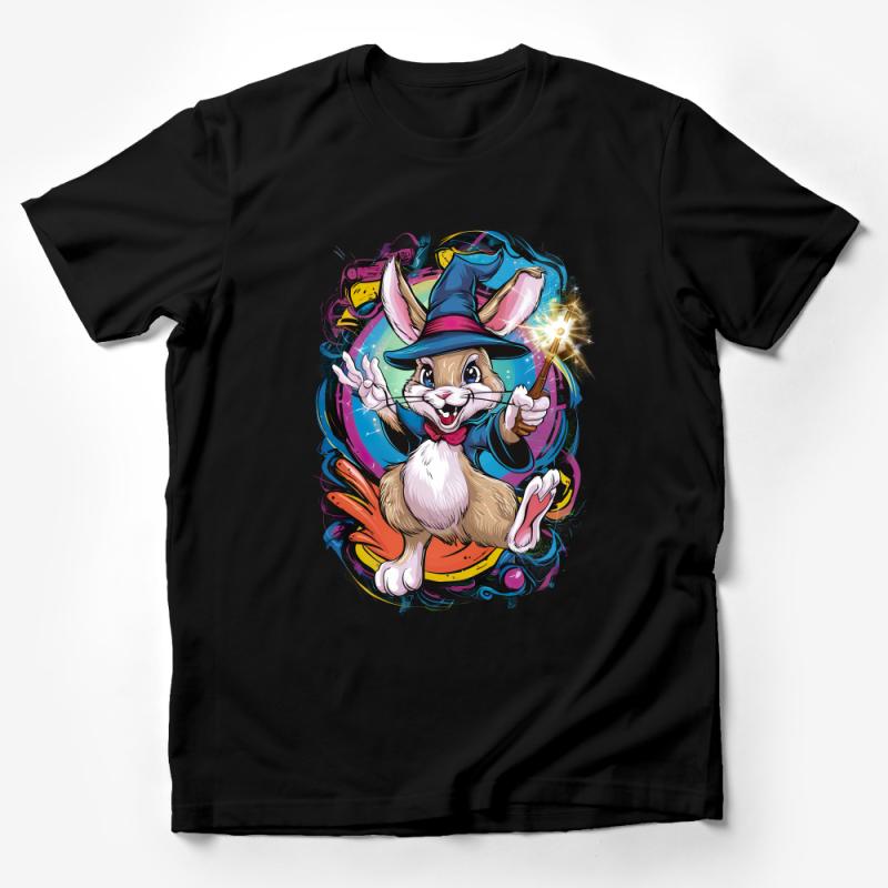 Magic Rabbit T-Shirt, Colorful Wizard Bunny Graphic Tee, Unisex Fantasy Animal Shirt, Vibrant Magician Rabbit Art, Unique Illustration Top Male T-Shirt