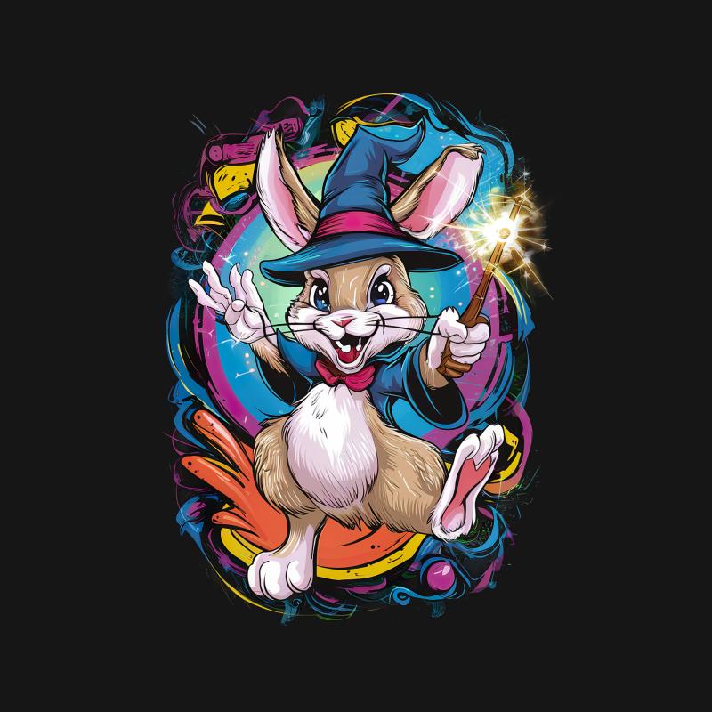 Magic Rabbit T-Shirt, Colorful Wizard Bunny Graphic Tee, Unisex Fantasy Animal Shirt, Vibrant Magician Rabbit Art, Unique Illustration Top