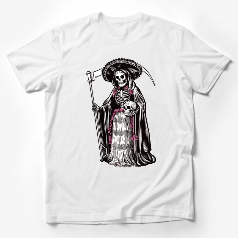 Gothic Skeleton Saint Graphic Tee, Dark Aesthetic Unisex T-Shirt, La Santa Muerte Inspired Top, Mystical Skull Apparel, Unique Gift Idea Male T-Shirt