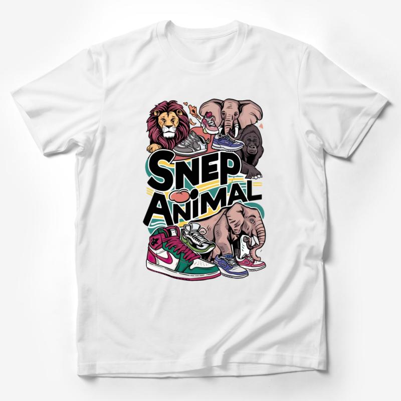 Urban Jungle Sneaker T-Shirt, Cool Lion Elephant Gorilla Graphic Tee, Streetwear Style Animal Lovers Top, Unisex Fashion Male T-Shirt
