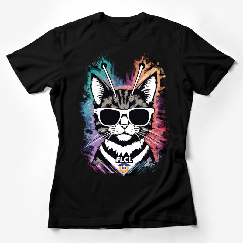 Hipster Cat T-Shirt with Glasses, Colorful Abstract Art Tee, Unisex Fashion Top, Cool Cat Lover Gift Idea Female T-Shirt