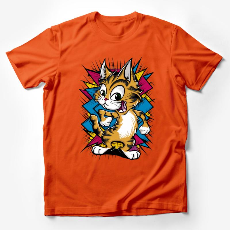 Colorful Cartoon Cat T-Shirt, Whimsical Kitty Graphic Tee, Unisex Fun Cat Lover Shirt, Trendy Animal Apparel for All Ages Male T-Shirt