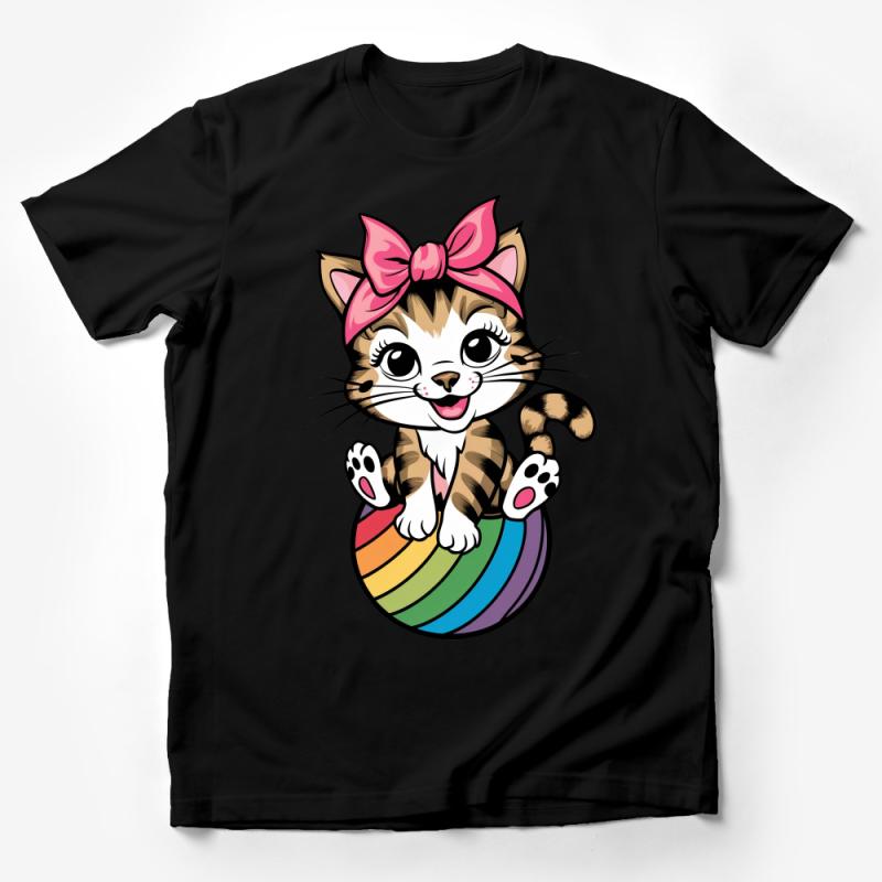 Cute Cat With Bow On Colorful Ball T-Shirt, Whimsical Kitten Graphic Tee, Fun Animal Lover Gift, Unisex Shirt for All Ages Male T-Shirt