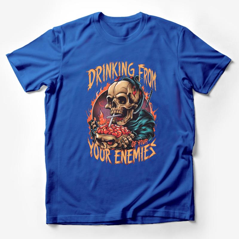 Graphic Skull T-Shirt, Drinking From Your Enemies Quote Tee, Edgy Illustration, Fire and Brains Top Male T-Shirt
