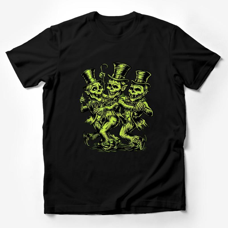 Gothic Dancing Skeletons Tee, Vintage Inspired Top Hat Skulls Shirt, Unisex Green and Black Graphic Tee Male T-Shirt