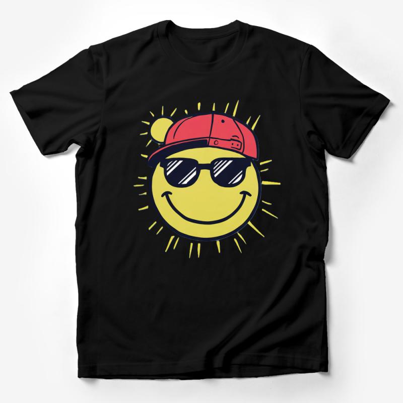 Cool Smiley Face with Sunglasses and Cap Graphic Tee, Unisex Yellow T-Shirt, Casual Streetwear Male T-Shirt